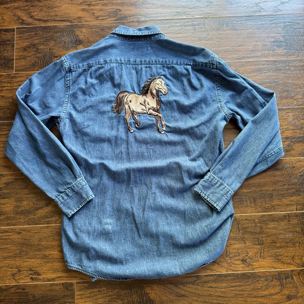 Women’s Puritan Blue Denim Button Down Shirt with Embroidered Horse